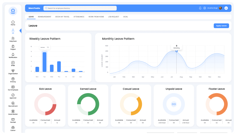 Montly and weekly leave pattern and different types looks cool in colourful graphs