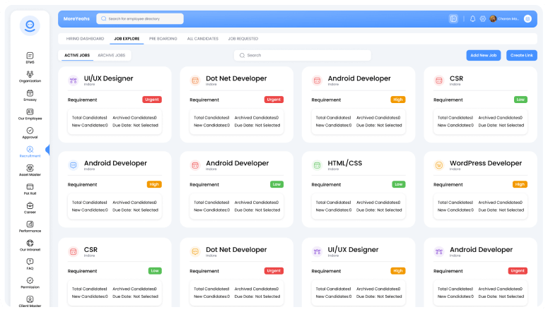 Hiring module shows job explore section with the list of different and active jobs in the organization